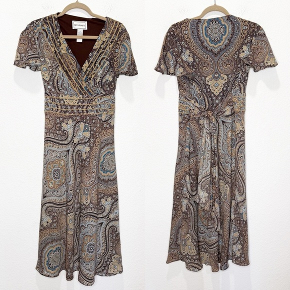 Vintage Karin Stevens Y2K Forest Fairy Wrap Flutter Sleeves Paisley Tie Dress - Picture 1 of 8